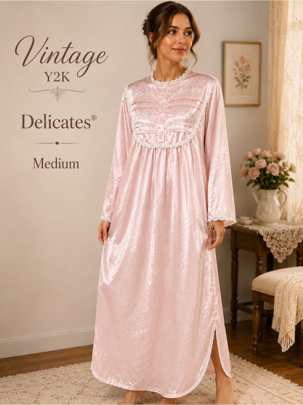 Vintage Y2K Delicates Pink Embroidered Nightgown Medium